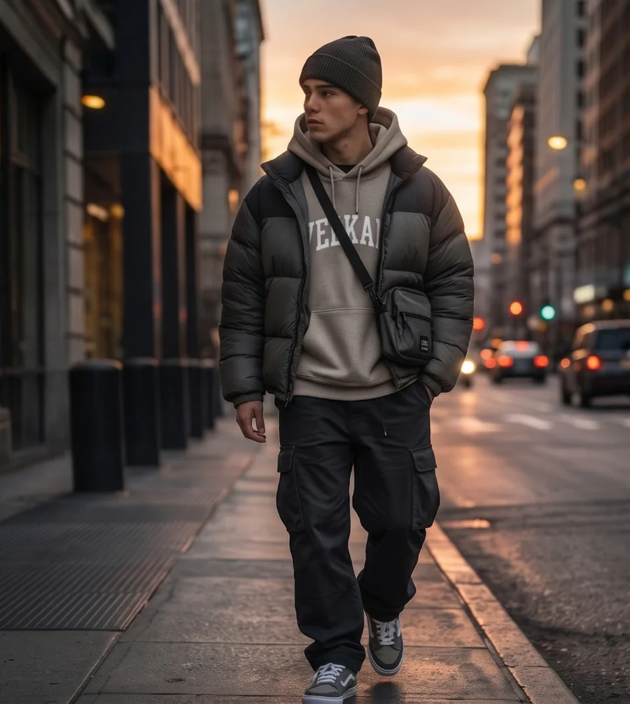 Un chico con puffer, buzo beige y pantalón cargo caminando por la vereda de una ciudad al atardecer