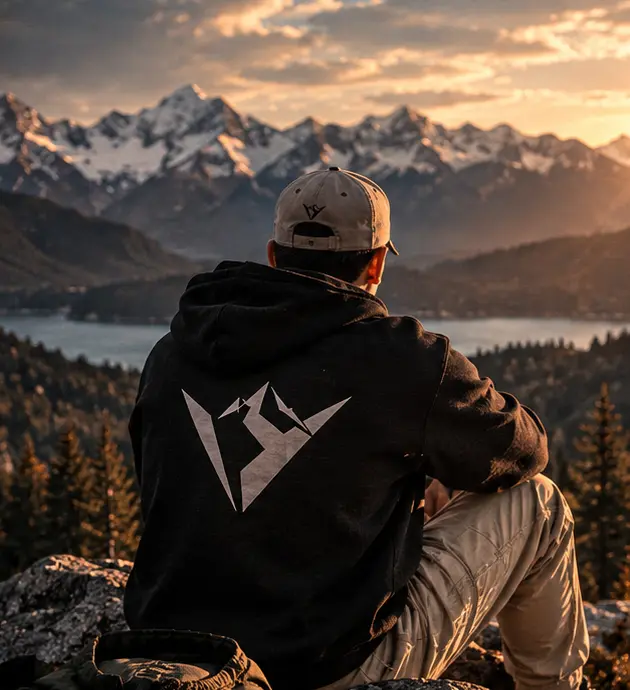Una persona con buzo Velkan mirando las montañas de la Patagonia