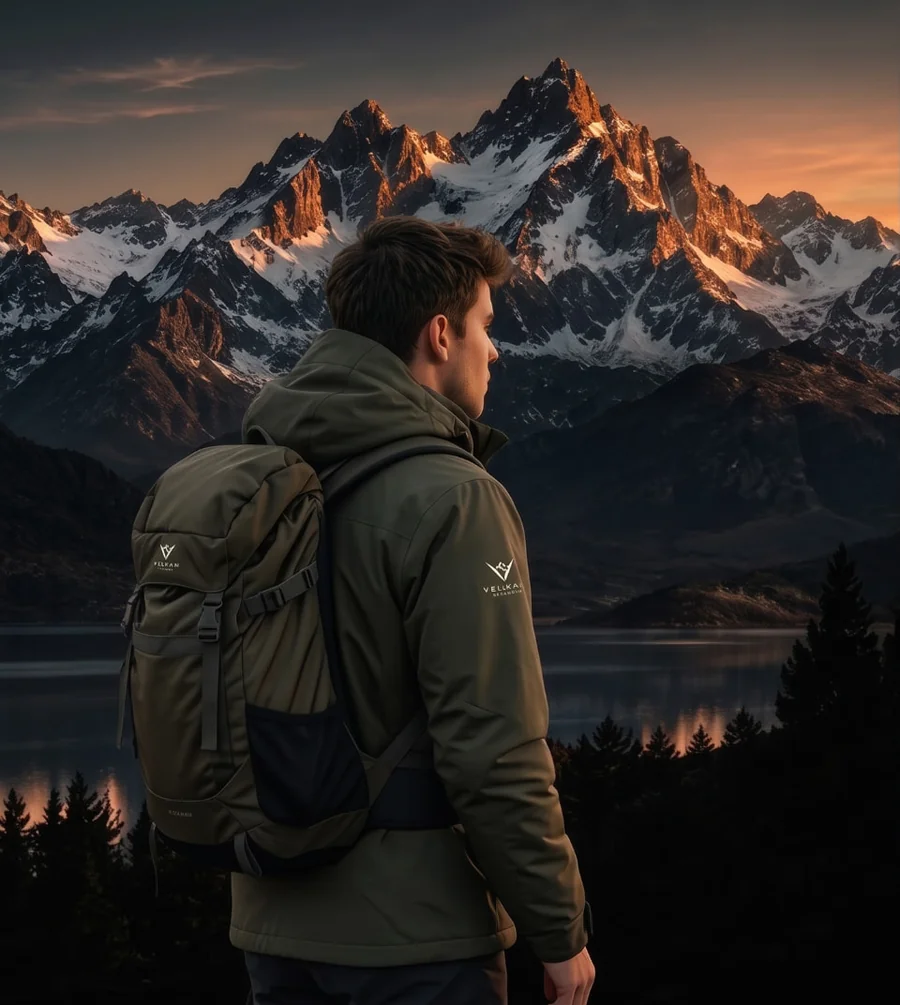 Un chico con campera verde oliva y mochila técnica mirando las montañas nevadas de la Patagonia al atardecer